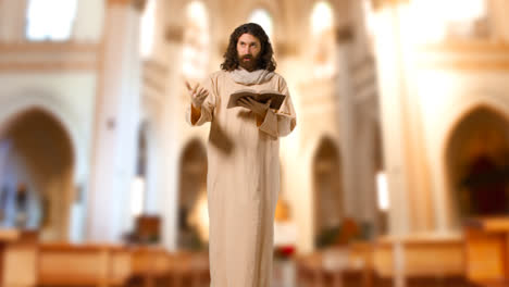 Man-Wearing-Robes-With-Long-Hair-And-Beard-Representing-Figure-Of-Jesus-Christ-Preaching-From-Bible-In-Church